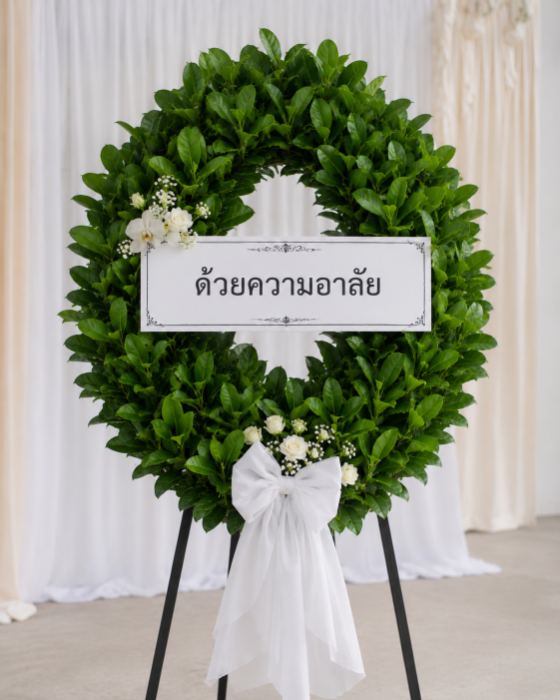 พวงหรีดต้นกากะทิงทรงวงรีดมาตรฐาน · ป้ายกลาง พร้อมโบว์ใหญ่