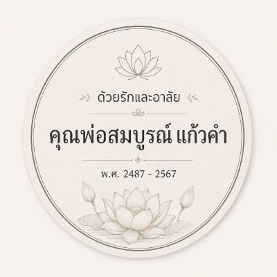 สติ๊กเกอร์ติดของชำร่วยงานศพ ลาย บัวร้อยรัก — ดอกบัวรายล้อม โทนครีมงานศพ